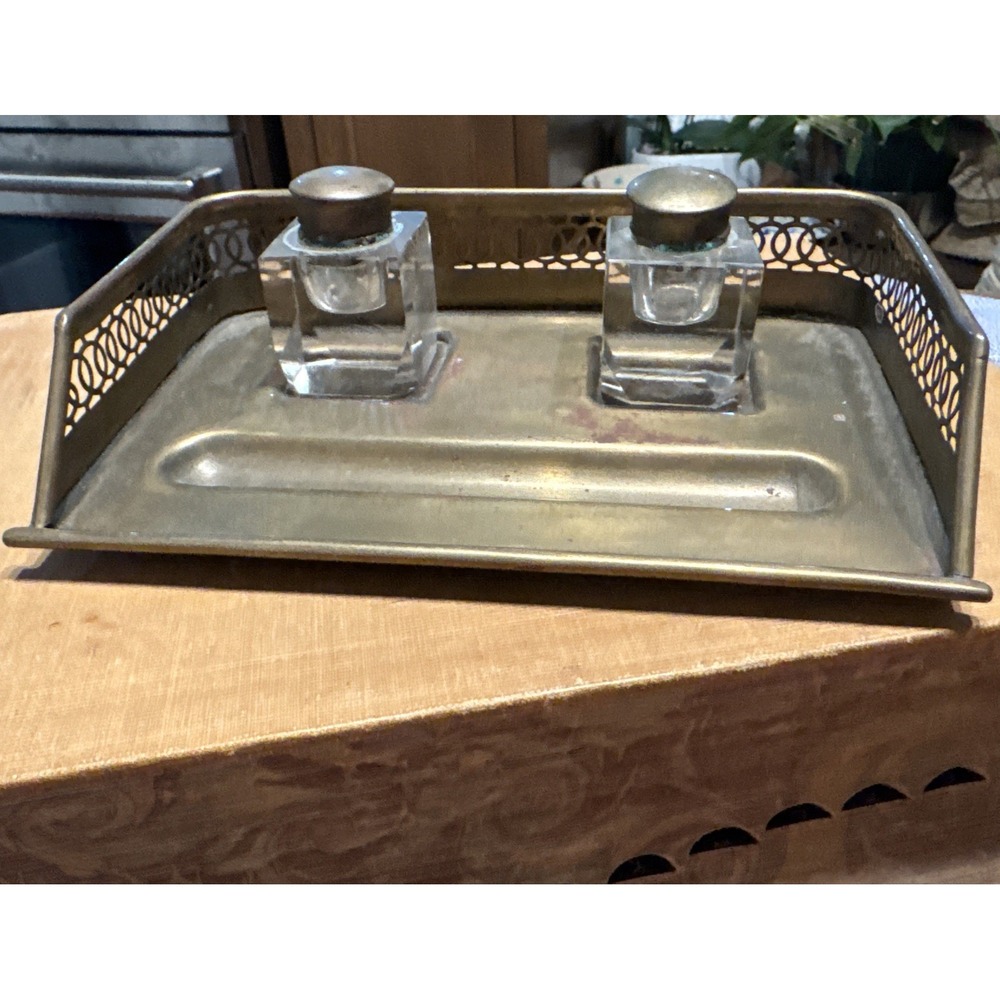 Brass Ball Claw Foot Inkwell Pen Tray Desktop Organizer Vintage MCM